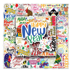 50PCS Cute Happy New Year Stickers DIY Scrapbook Diary Stationery Luggage Decorative Cartoon Sticker Kids Toys (Online Order Only)