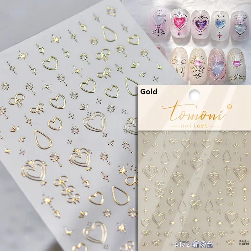 Flat Small Pink Brown Halo Dyeing Love Heart Geometric Leopard Shiny Jelly Chic Embossed Relief Nail Art Stickers Manicure Decal (Online Order Only)