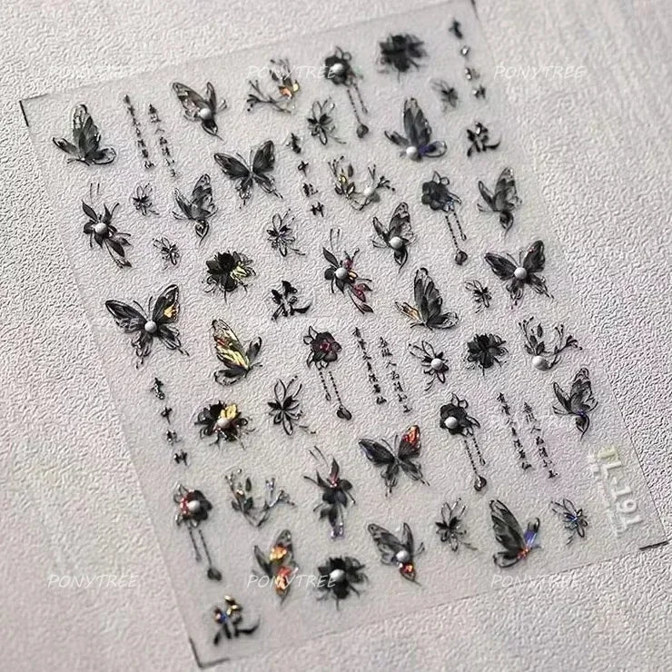 Charming Delicate Sapphire Color Blue Black Stroke Butterfly Jelly Relief Rhinestone Adhesive Nail Art Stickers Manicure Decals (Online Order Only)
