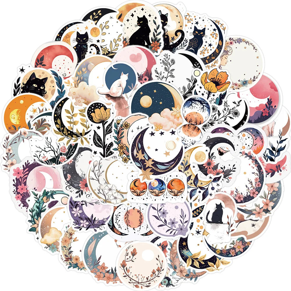 50Pcs Boho Moon Flowers Cartoon Stickers Black Cat Car Guitar Motorcycle Luggage Suitcase DIY Classic Toy Funny Sticker Gift (ONLINE ORDER ONLY)