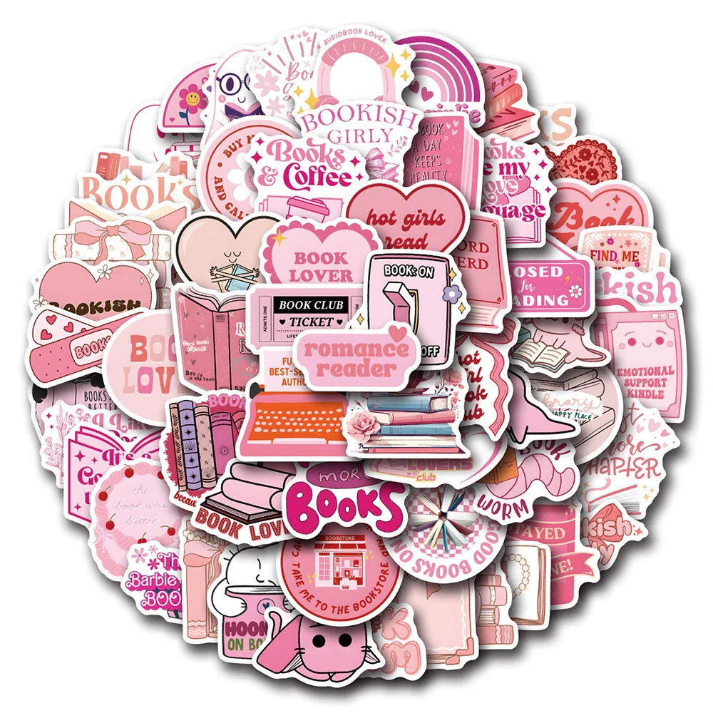 10/30/60PCS Cute Pink Reading Book Bookish Stickers Cartoon Decals DIY Decoration Notebook Laptop Phone Luggage Car Graffiti Toy (Online Order Only)