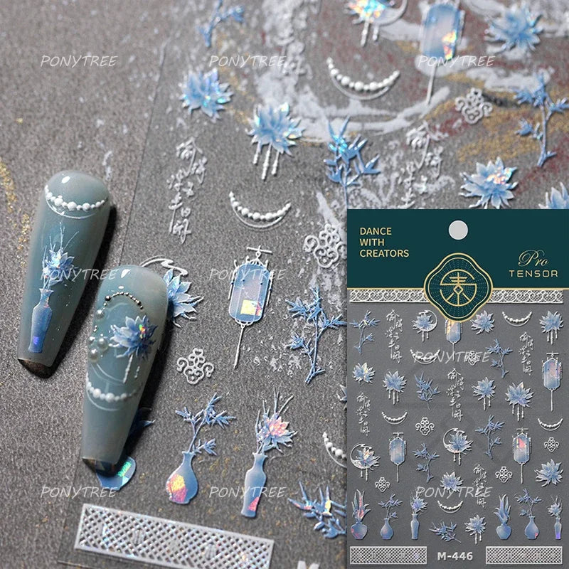 Retro Blue Lotus Flower Arrangement Vase Lantern Totem Pattern Bamboo Leaf Self Adhesive Nail Art Stickers Shiny Manicure Decals (ONLINE ORDER ONLY)