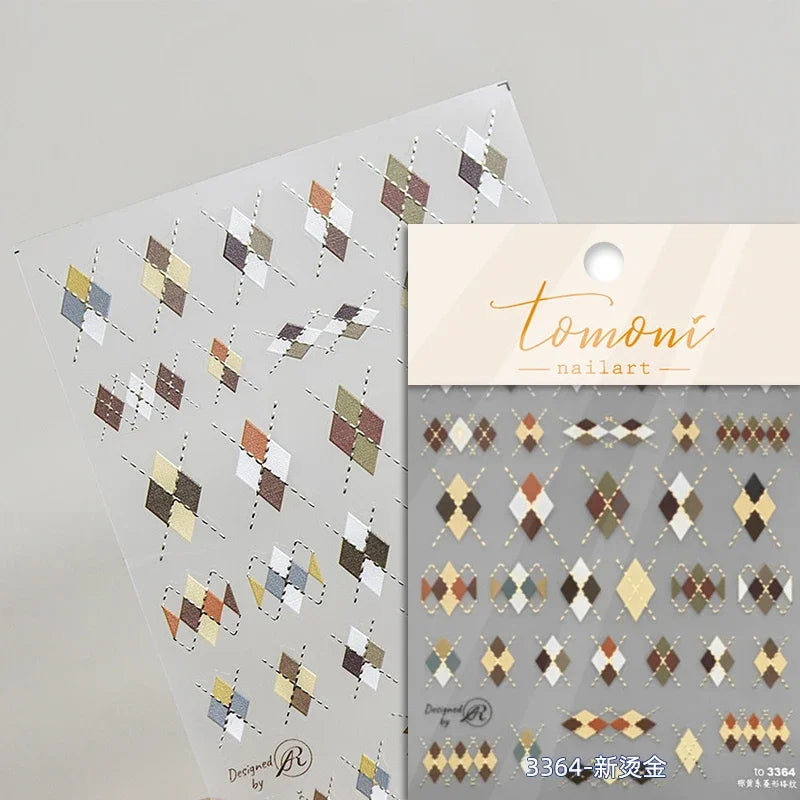 French Style Colorful Square Grid Rhombus Stripe Bowknot Line 3D Self Adhesive Nail Art Stickers Shiny Rhinestone Manicure Decal (Online Order Only)