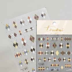 French Style Colorful Square Grid Rhombus Stripe Bowknot Line 3D Self Adhesive Nail Art Stickers Shiny Rhinestone Manicure Decal (Online Order Only)
