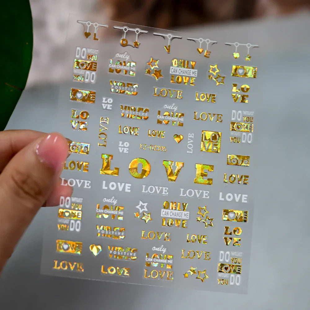1PC Holographic Laser Heart Nail Stickers-3D Self-Adhesive Golden White Valentines Day Nail Decals For Women Nail Art Decoration (ONLINE ORDER ONLY)