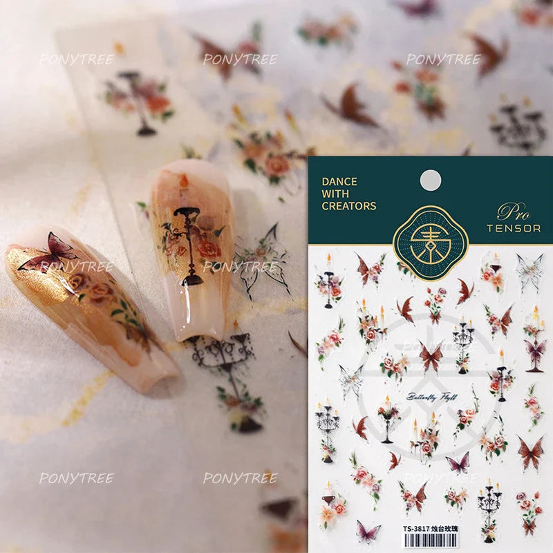 Charming Butterfly Candle Holder Candlestick Chic Rose Flower Romantic Self Adhesive Nail Art Stickers Rhinestone Manicure Decal (ONLINE ORDER ONLY)