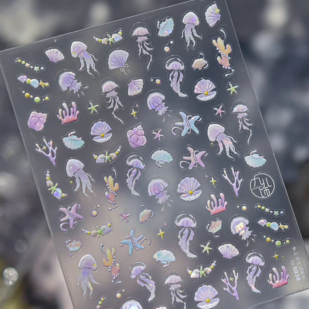 Infauna Jellyfish Conch Shell Starfish Octopus Coral Polypite Wishing Bottle Sea Self Adhesive Nail Art Stickers Manicure Decals (ONLINE ORDER ONLY)