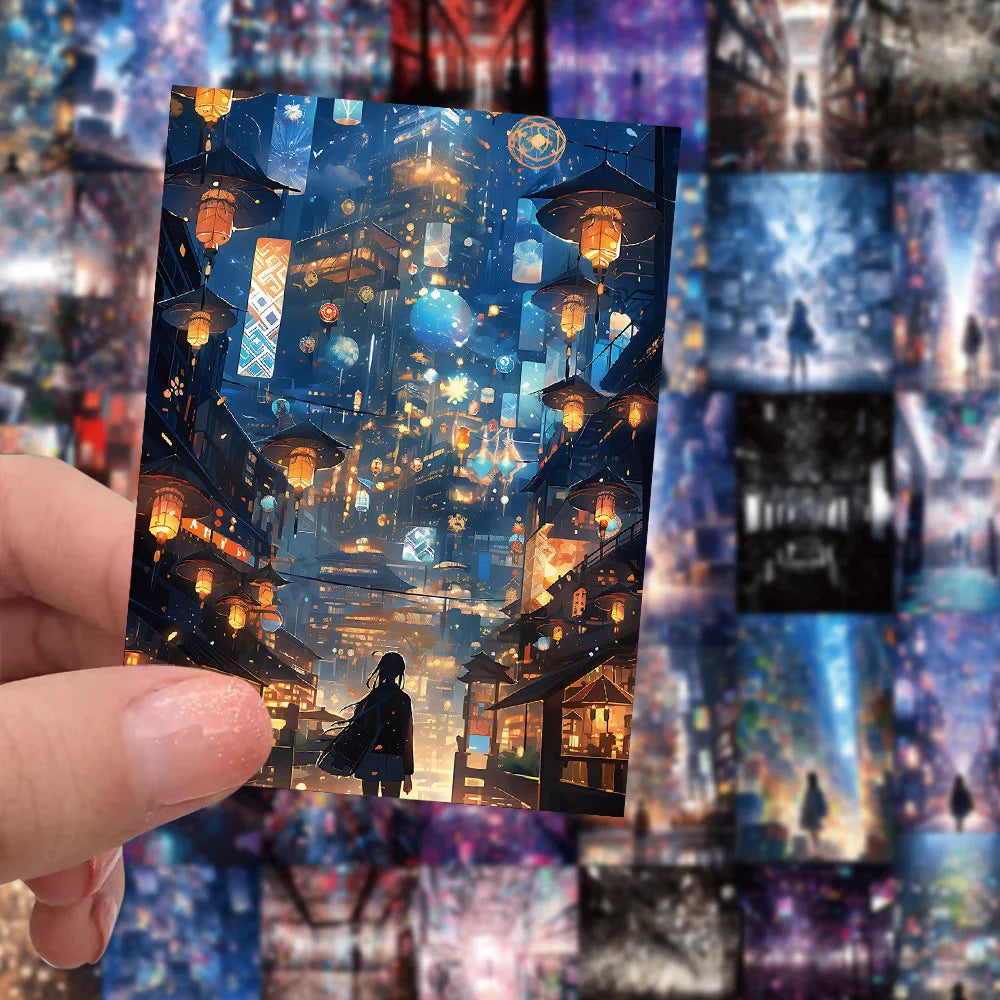 10/30/60pcs Cute Anime City View Street Night Painting Aesthetic Stickers Laptop Suitcase Phone Car Decoration Cartoon Sticker (Online Order Only)