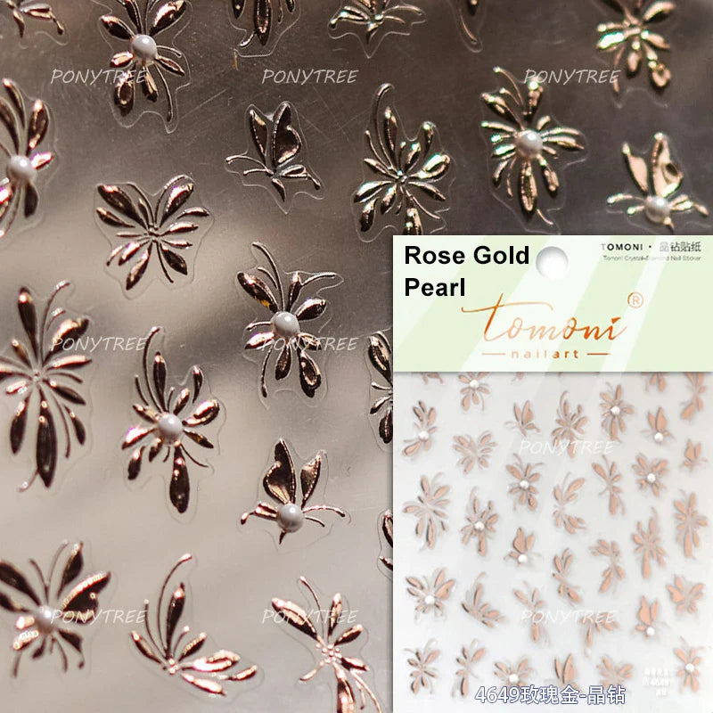 Pink Flower Hot Stamping Silver Leaves Branch Wicker Willow Plant Chic Adhesive Nail Art Decorations Stickers Manicure Decals (Online Order Only)