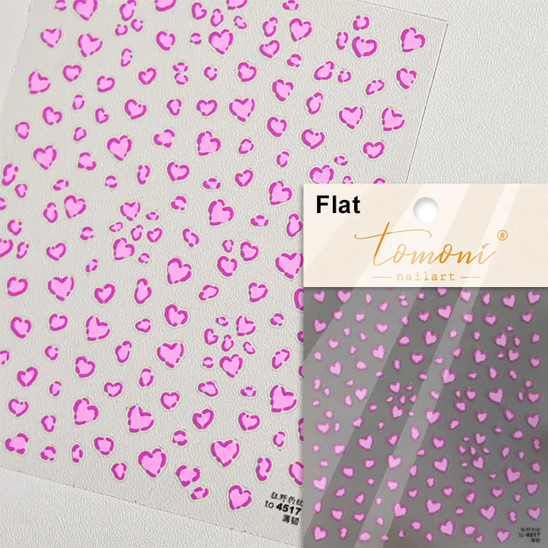 Flat Small Pink Brown Halo Dyeing Love Heart Geometric Leopard Shiny Jelly Chic Embossed Relief Nail Art Stickers Manicure Decal (Online Order Only)