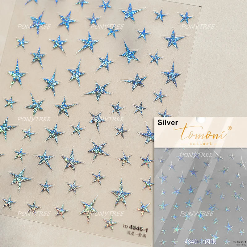 Punk Star Shiny Laser Five-pointed Star White Black Pink Hollow Out Delicate Sparkle Adhesive Nail Art Stickers Manicure Decals (ONLINE ORDER ONLY)