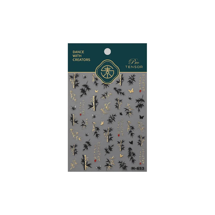 Antique Bamboo Leaf Hot Stamping Plant Botany Calligraphy Characters Self Adhesive Nail Art Stickers Rhinestone Manicure Decals (ONLINE ORDER ONLY)