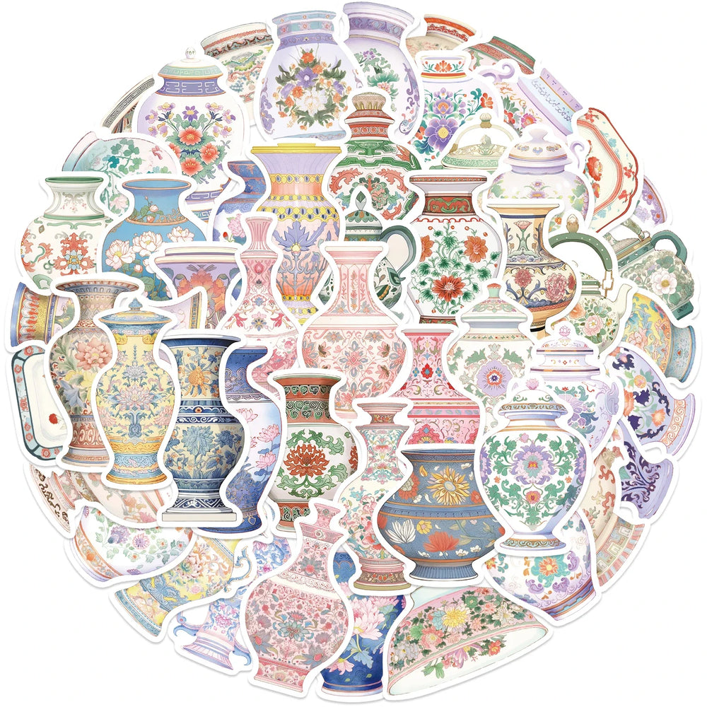 52Pcs Retro Chinese Style Porcelain Design Stickers Self Adhesive DIY Skateboard Guitar Laptop Phone Decals StickerToys (ONLINE ORDER ONLY)