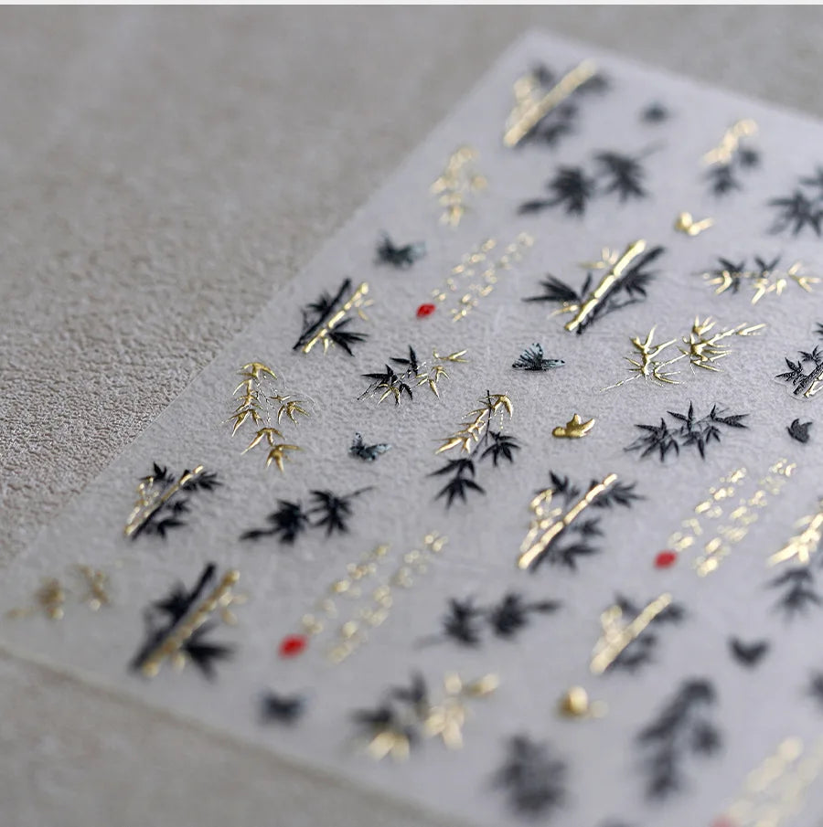 Antique Bamboo Leaf Hot Stamping Plant Botany Calligraphy Characters Self Adhesive Nail Art Stickers Rhinestone Manicure Decals (ONLINE ORDER ONLY)