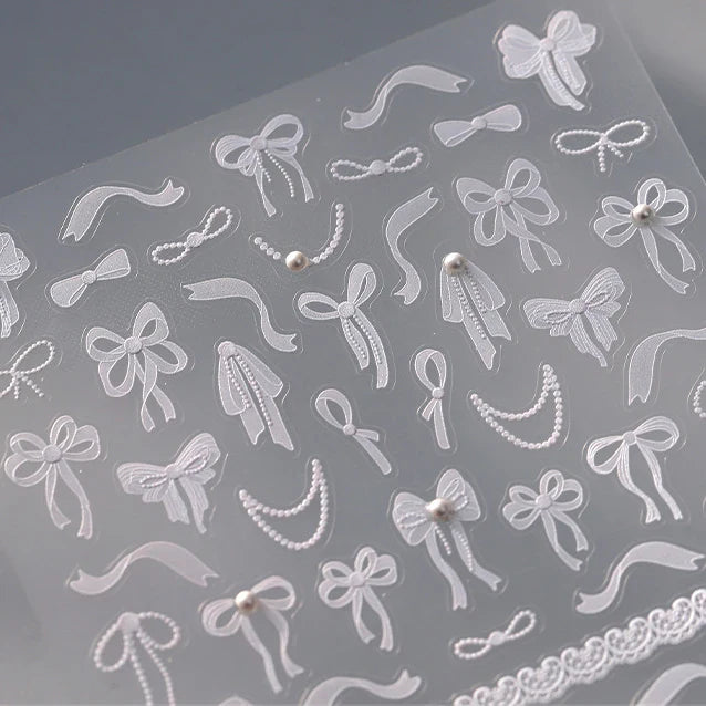 White Black Pink Bowknot Lace Star Pearl Tassel Pendant Shiny 5D Embossed Relief Self Adhesive Nail Art Stickers Manicure Decals (ONLINE ORDER ONLY)
