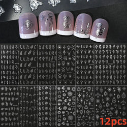 12PCS White Flowers Leaves 3D Nail Stickers Star/Moon/Sun Nail Art Decoration Decals Geometric Flower Stickers Nail Art Supplies (ONLINE ORDER ONLY)