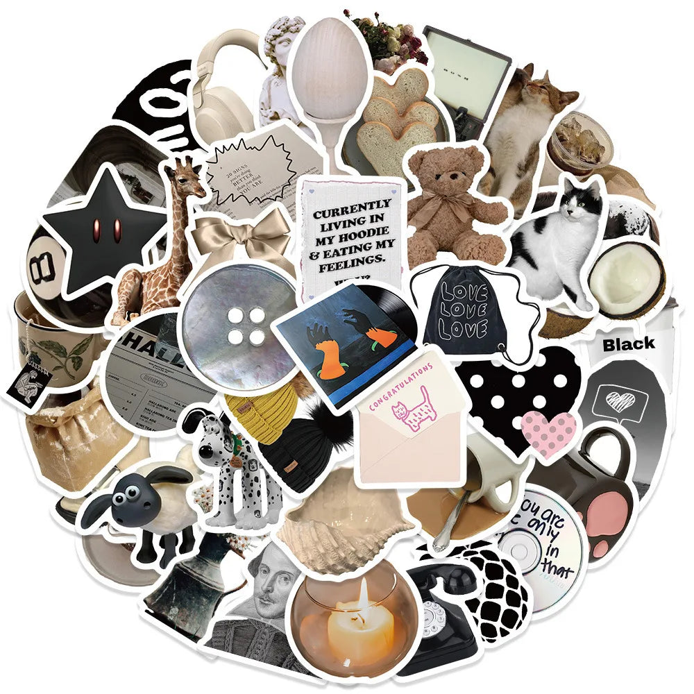Black & White Minimalist Coffee Graffiti Stickers for Suitcase, Skateboard, Laptop, Luggage, Phone - 10/30/60Pcs (ONLINE ORDER ONLY)