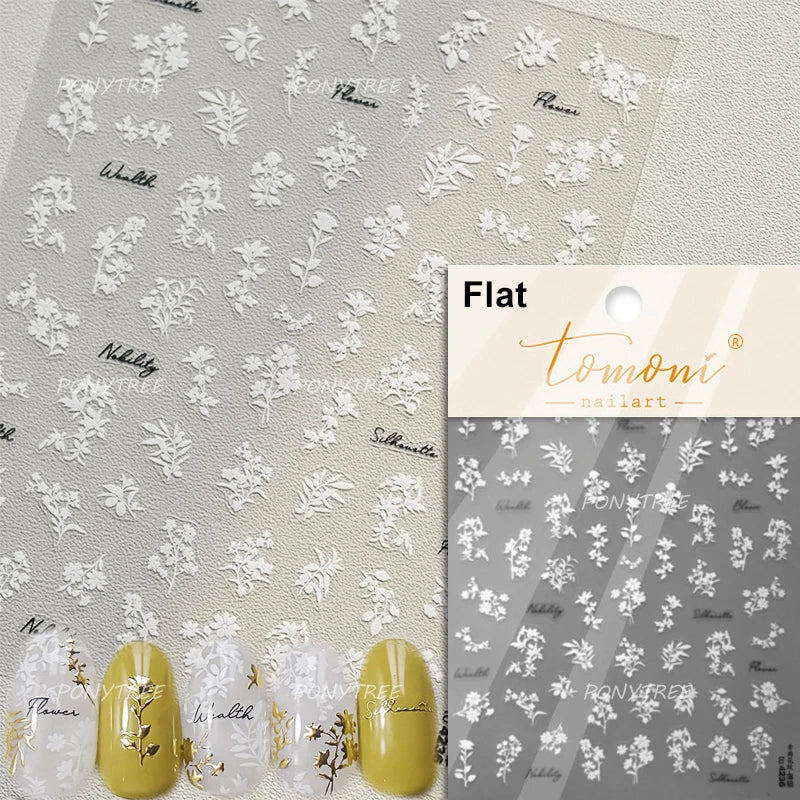 Wet Garden White Flower Leaves Elegant Beautiful Petal Delicate 5D 3D Charming Spring Adhesive Nail Art Stickers Manicure Decals (ONLINE ORDER ONLY)