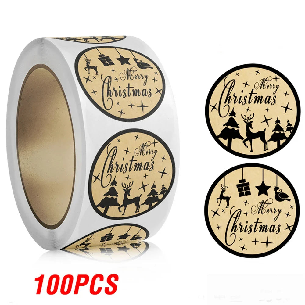 100-500pcs Brown Merry Christmas kraft paper Stickers Holiday Sticker Decor Party bake Envelope business Seal Label (ONLINE ORDER ONLY)