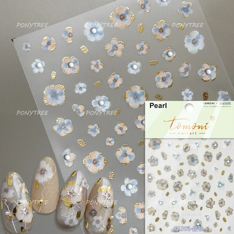 Retro Flowers Petal Pearl Rhinestones Halo Dyeing Chic Daisy Vintage Gold Foil  Floral Designs Nail Art Stickers Manicure Decals (ONLINE ORDER ONLY)