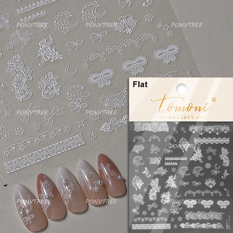 French Romantic Lace Flower Fabric Art Pearl Pendant Portrait Bowknot Textile Printing Delicate Nail Art Stickers Manicure Decal (ONLINE ORDER ONLY)