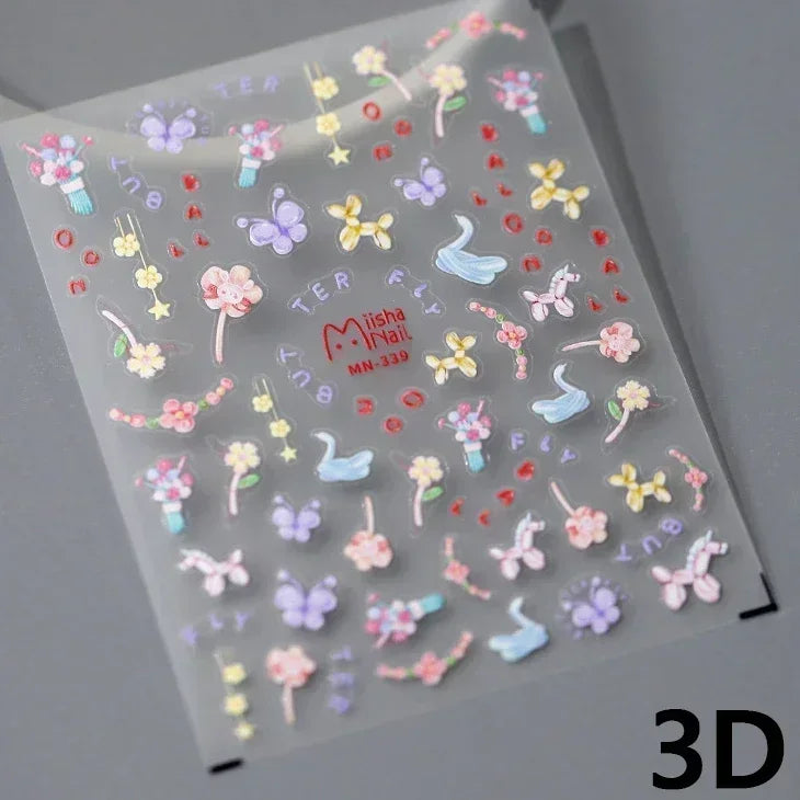 Charming Red Rose Phoenix Flower Wing Leaves Flower Feather Pearl Relief Embossed 5D Adhesive Nail Art Stickers Manicure Decals (ONLINE ORDER ONLY)