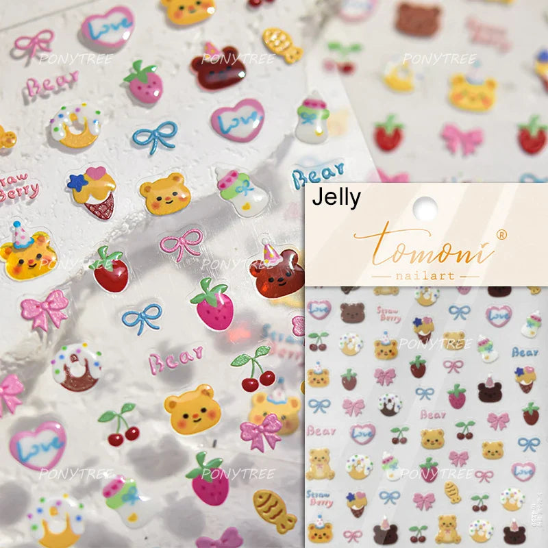 Cute Pink Strawberry Bowknot Star Lesbian Ribbon Fluttering Fruit Rhinestone Relief Adhesive Nail Art Stickers Manicure Decals (ONLINE ORDER ONLY)