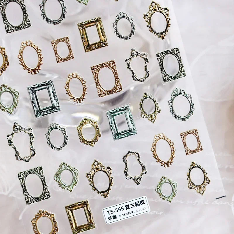 Retro Rose Gold Photo Frame Dried Flower Delicate Totem 3D Self Adhesive Nail Art Stickers 5D Shiny Rhinestone Manicure Decals (ONLINE ORDER ONLY)