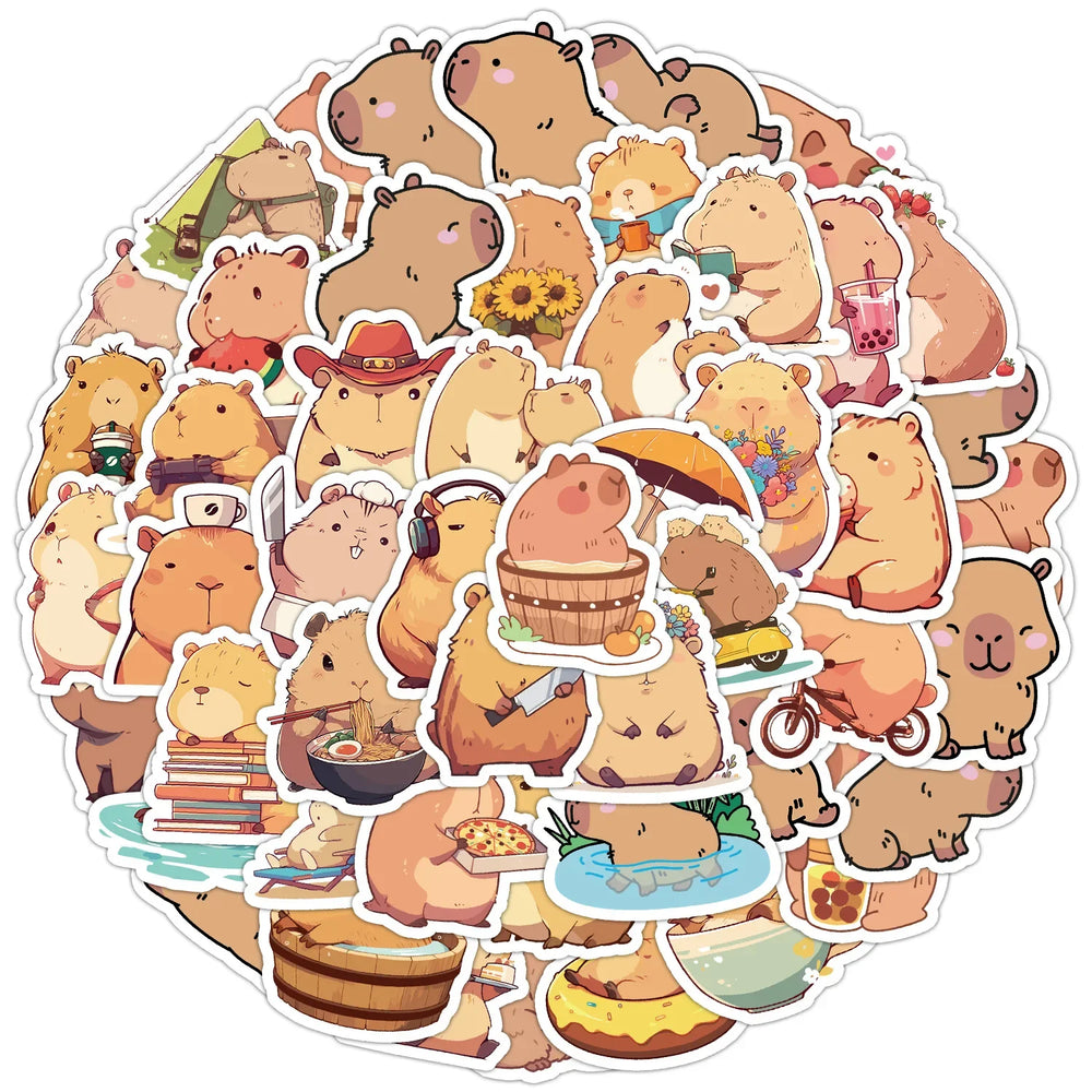 50pcs Cute Capybara Cartoon Stickers for Helmet, Wall, DIY Decoration (Online Order Only)