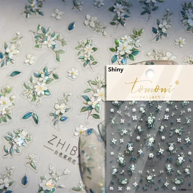 Charming Dreamy Shiny Jelly Blue Gradient Lily Flowers Rose Petal White Dot Chinese Colorful Nail Art Stickers Manicure Decals (ONLINE ORDER ONLY)