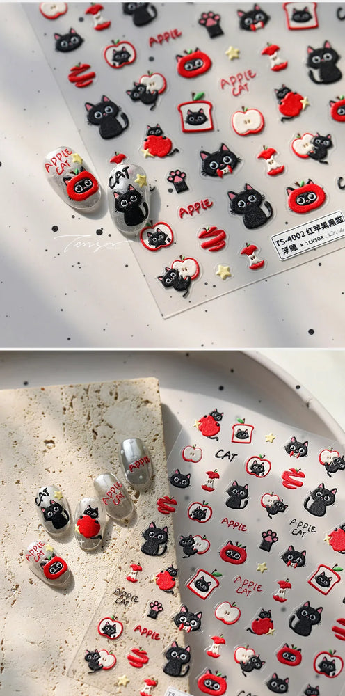 Cute Lovely Red Apple Core Black Kitten Cat's Paw Bread Slices Fruit Star Soft Relief Adhesive Nail Art Sticker Manicure Decals (ONLINE ORDER ONLY)