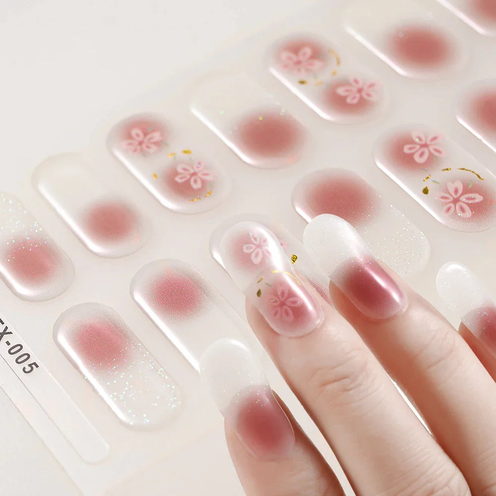 22Tips Semi Cured Gel Nail Wraps 3D UV Gel Nail Stickers Flowers Gradient Color Adhesive Full Cover Designer DIY Manicure Arts & (Online Order Only)