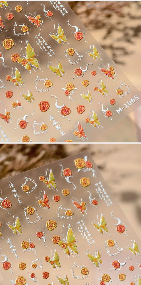 Gradual Asymmetric Butterfly Rose Flower Moon Ancient Poem 5D Reliefs Self Adhesive Nail Stickers JellyManicure Decals Wholesale (Online Order Only)