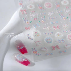Pink Running Rabbit Bowknot Wreath Bunny Flower Tie Totem Pattern Self Adhesive Nail Art Sticker Pearl Rhinestone Manicure Decal (Online Order Only)