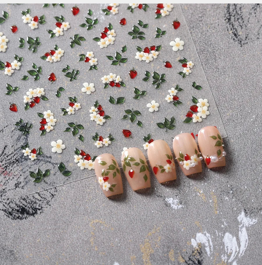 Delicate Chic White Flower Jelly Green Leaves Red Fruits Lily Gardenia Self Adhesive Nail Art Stickers Rhinestone Manicure Decal (Online Order Only)