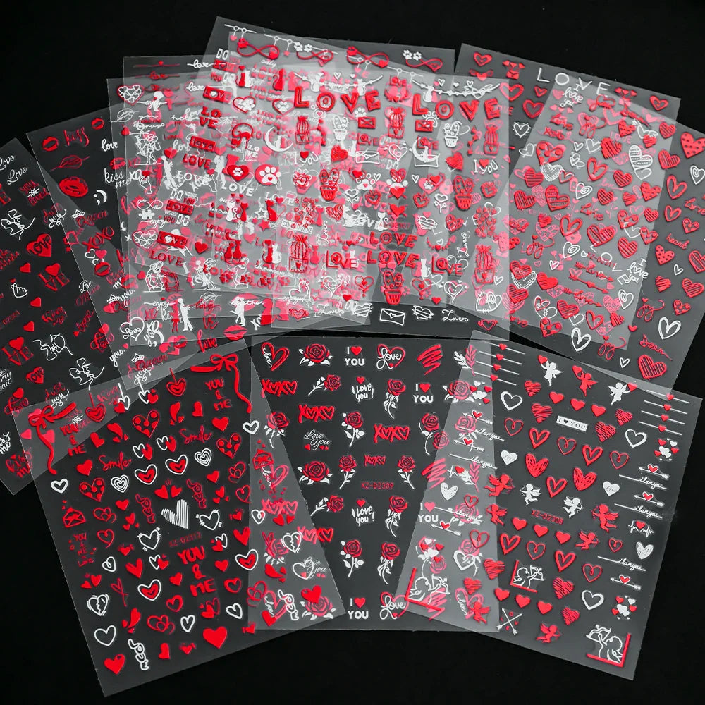 12 Sheets Valentines Nail Stickers Red Heart Nail Art Sticker Decal Solid Hollow Heart 3D Self-Adhesive Design Nail Art Supplies (ONLINE ORDER ONLY)