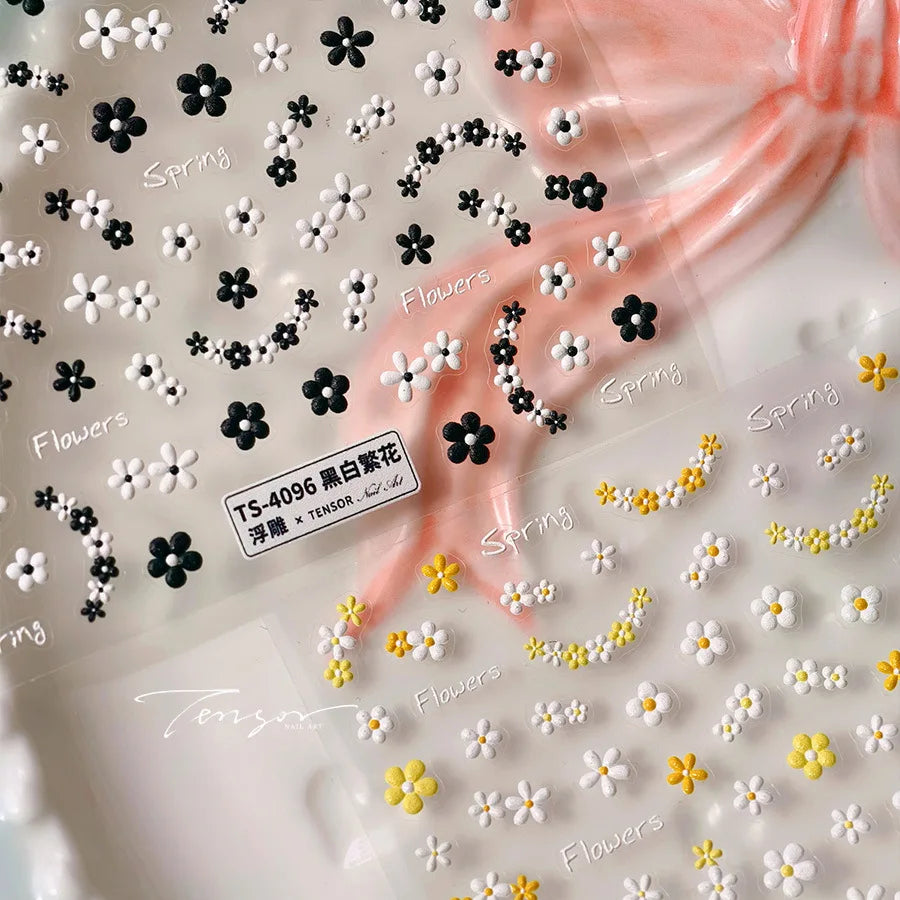 Mini Colourful Flower Black Yellow Petal Wreath 5D Chic Embossed Reliefs Delicate Self Adhesive Nail Art Stickers Manicure Decal (Online Order Only)