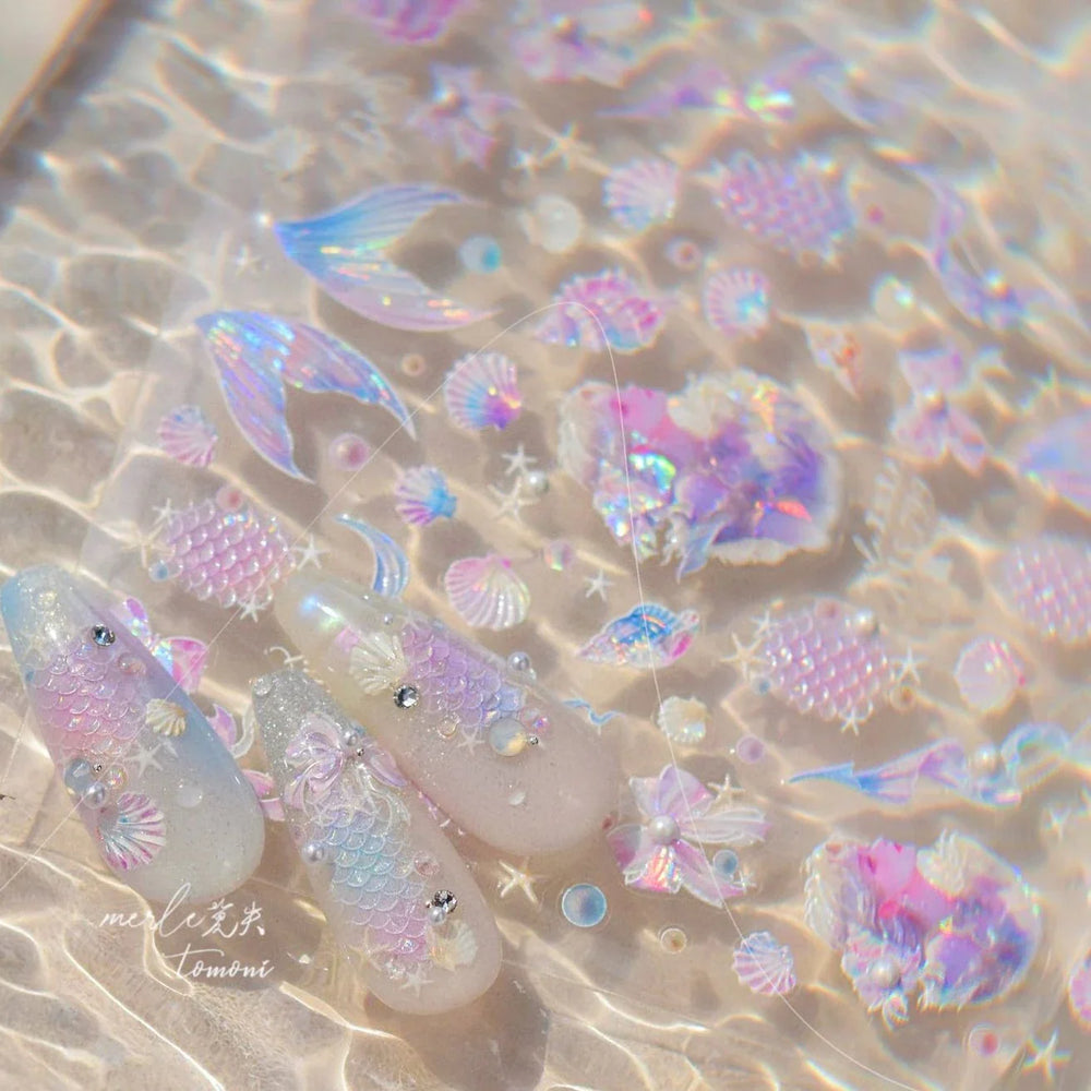 Mermaid Girl Conch Starfish Shell Bowknot Fish Scale Purple Ribbon Water Bubbles Chic Adhesive Nail Art Sticker Manicure Decals (ONLINE ORDER ONLY)