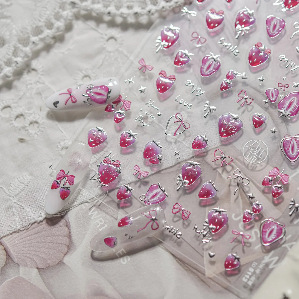 Cute Pink Tempting Strawberries Attractive Fruit Cutting Line Bowknot Star Silver Stamping Chic Nail Art Stickers Manicure Decal (ONLINE ORDER ONLY)
