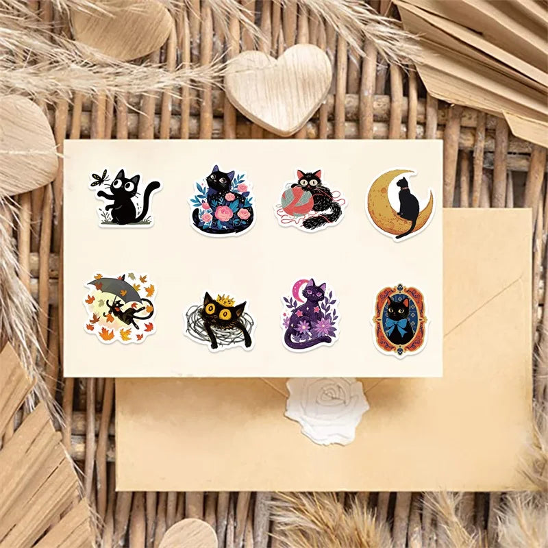 10/30/50PCS Cartoon Black Star Cat PVC Sticky Sticker Aesthetic DIY Stationery Decoration Scrapbooking School Supplies for Kids (ONLINE ORDER ONLY)