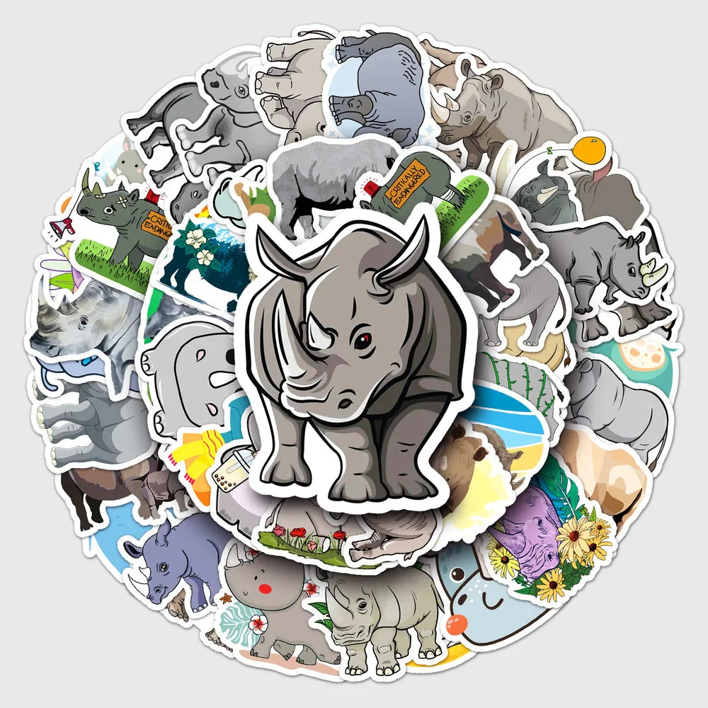 10/50pcs/Pack Lovely Rhino Cartoon Animal Stickers Waterproof Skateboard Motorcycle Guitar Luggage Laptop Bicycle Sticker Toys (ONLINE ORDER ONLY)