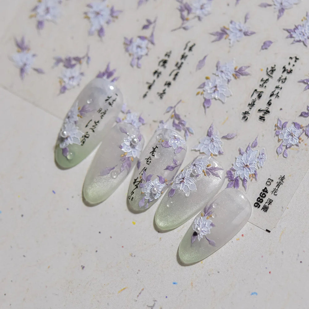 Trumpet Creeper White Flower Purple Leaves Antique Special Characters 5D Soft Relief Adhesive Nail Art Stickers Manicure Decals (ONLINE ORDER ONLY)