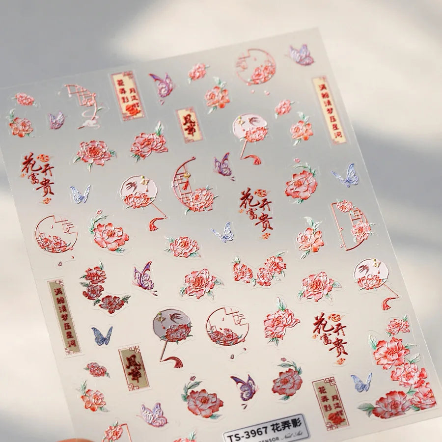 Bloomy Water Side Flower Delicate and Charming Peach Blossom Rose Garden Adhesive Nail Art Decorations Sticker Manicure Decals (ONLINE ORDER ONLY)