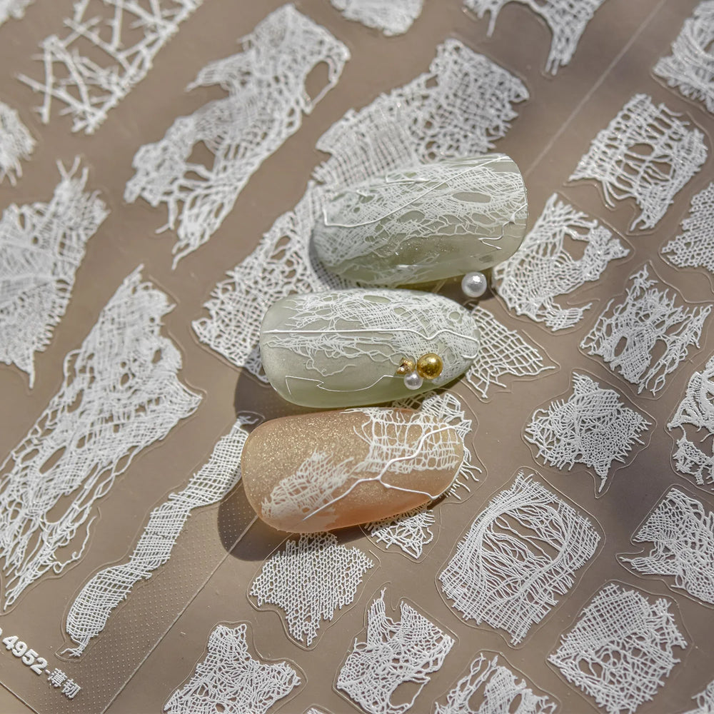 Retro White Lace Fabric Piece Bowknot English Letter Decorative Border Irregular Cloth Block Adhesive Nail Art Stickers Decals (ONLINE ORDER ONLY)