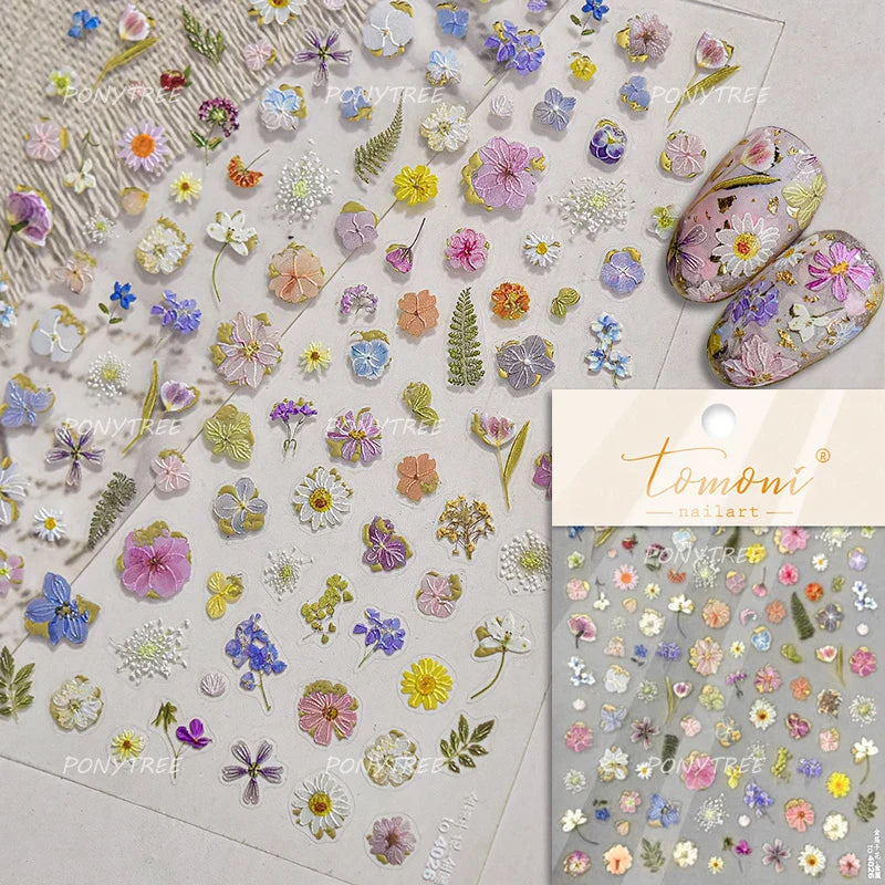 Mountain Daisy Wild Flower Mini Green Leaves White Petal Romantic Embossed Reliefs Adhesive Nail Art Stickers Manicure Decals (ONLINE ORDER ONLY)