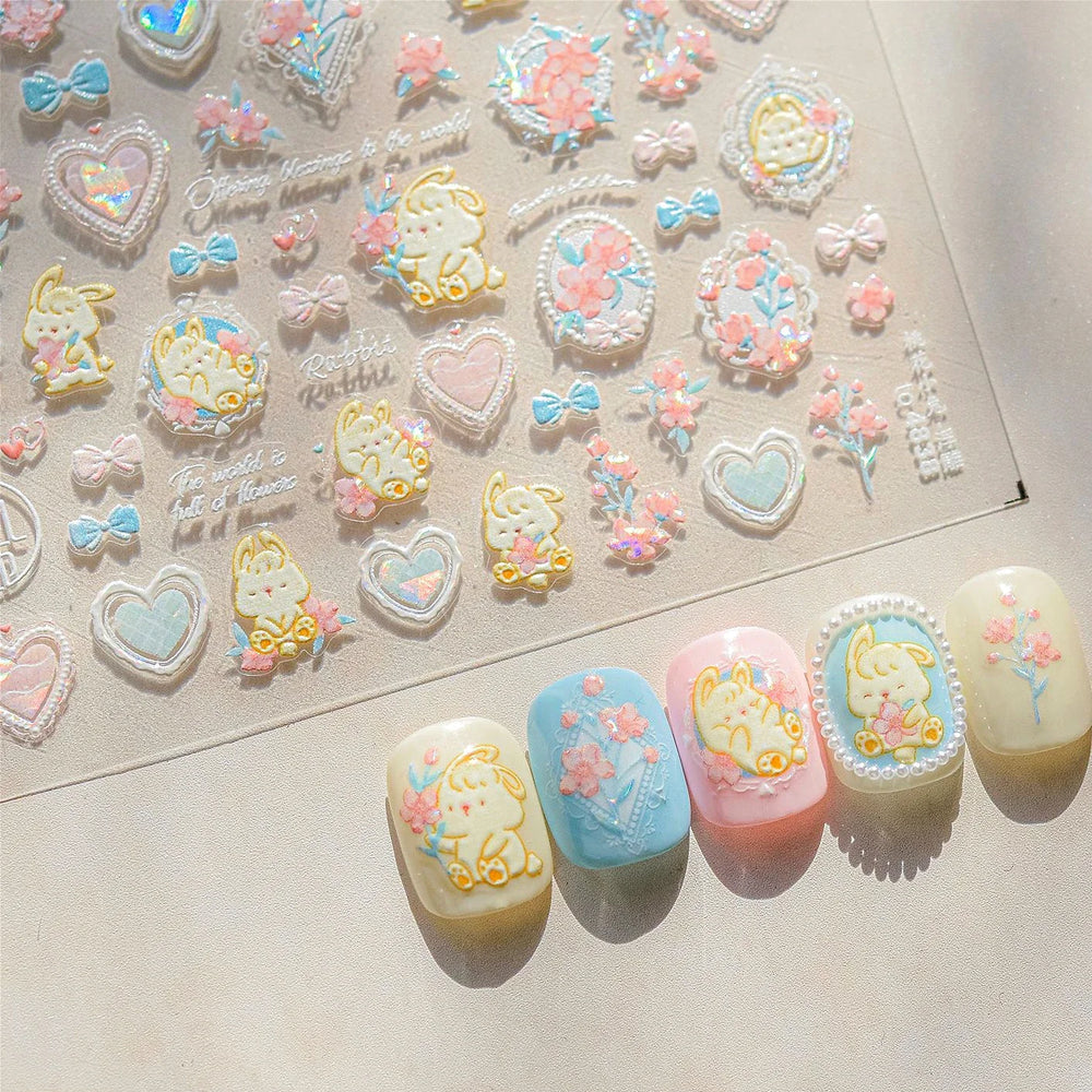 Peach Blossom Flower Yellow Rabbit Bunny Love Heart Delicate Totem 5D Self Adhesive Nail Art Stickers Rhinestone Manicure Decals (ONLINE ORDER ONLY)
