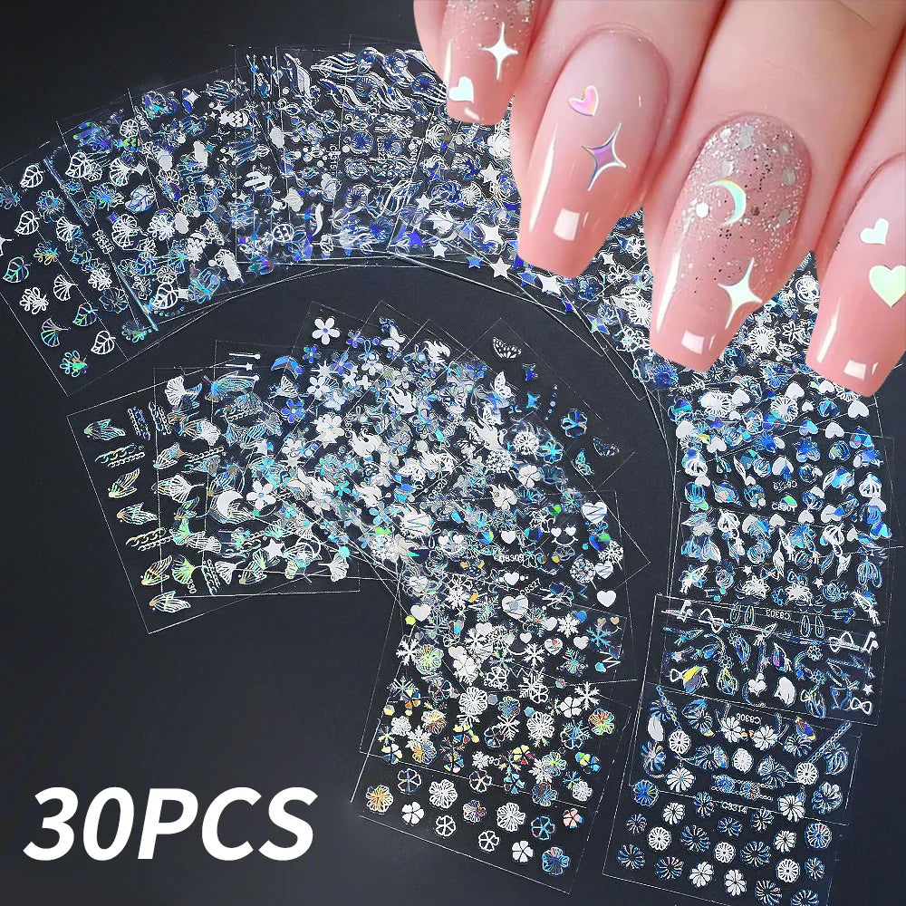 30Pcs Laser Silver/White Flowers Hearts Nail Sticker Star/Moon Mixed Shapes Design Self-adhesive Sticker Acrylic Manicure Access (Online Order Only)