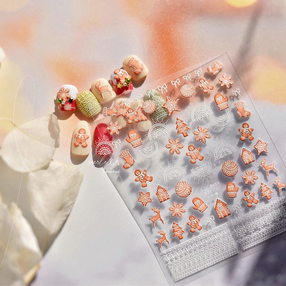 Bowknot Glove Socks Elk House Gingerbread Man Self Adhesive Nail Art Stickers Snowflake Christmas Tree Rhinestone Manicure Decal (Online Order Only)