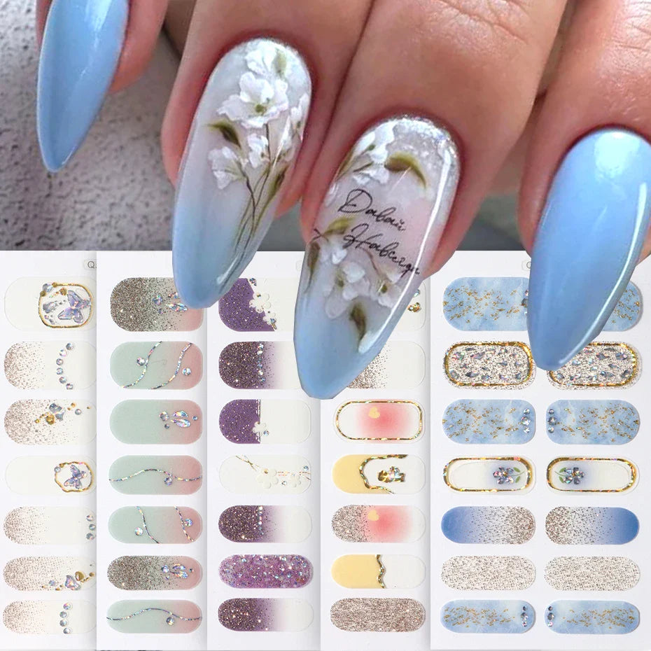 Glitter Flowers Spring Design Semi-cured UV Gel Nail Sticker Full Cover UV/LED Lamp Required Gel Nail Strips Press On Nail Decal (ONLINE ORDER ONLY)