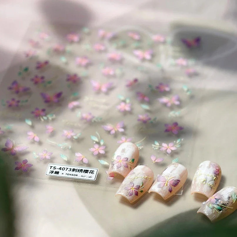 Charming Pink Purple Embroidery Gradual Butterfly Flowers Green Leaf 5D Tender Self Adhesive Nail Art Stickers Manicure Decals (ONLINE ORDER ONLY)